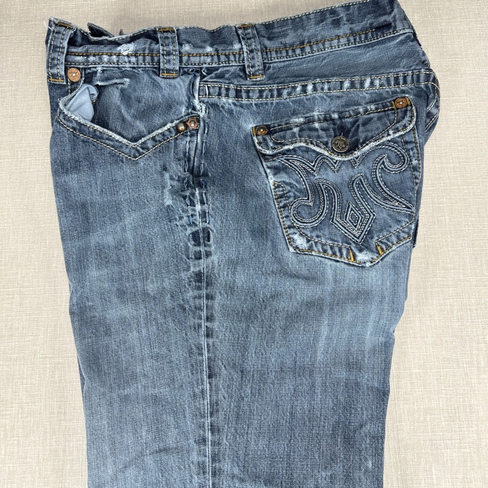 MEK Denim Mazatlan Jeans Mens 40 Blue Bootcut Distressed Embroidered Button Fly - Picture 8 of 16